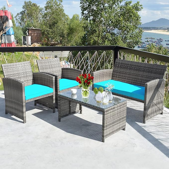 Outdoor Conversation Set, 4 Pieces Wicker Patio Furniture Set with Ergonomic Curved Design, Patio Chair Set with Water-resistant Cushion & Tempered Glass Table for Porch,Balcony(Turquoise)