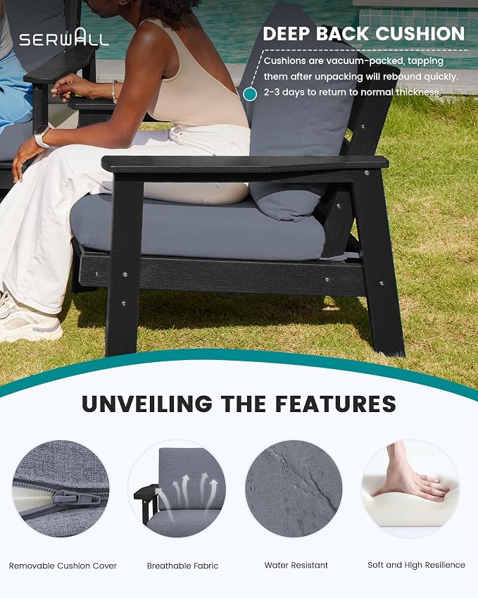 SERWALL HDPE Outdoor Furniture Set, 2 Piece All Weather Wood-Like Outdoor Sofa Sectional Couch, Black Frame and Grey Cushion