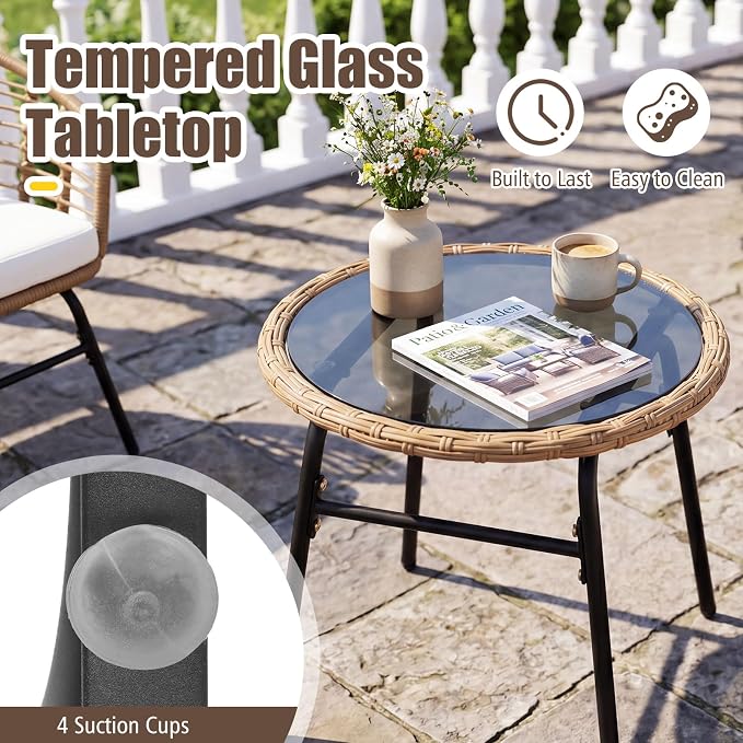Tangkula 3 Pieces Patio Furniture Set, PE Rattan Bistro Chairs with Tempered Glass Coffee Table and Soft Cushions, Outdoor Wicker Conversation Set for Porch, Balcony, Garden and Poolside (Off White)