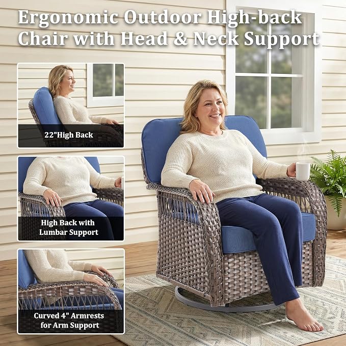 10 PCS Patio Furniture Set Outdoor Sectional Sofa Couch with Rocking Swivel Chairs 5" Deep Seat Chairs, Modern Wicker Rattan Conversation Set, Blue/Brown Wicker
