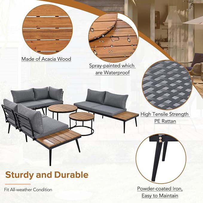 JIVOIT Outdoor Patio Sectional Sofa Set, Modern 6-Piece Conversation Set with Round Nesting Coffee Tables and Seating Sofa with Cushions for Patio, Porch and Garden (Grey * 33)