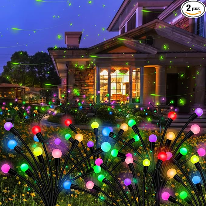 Solar Garden Lights Outdoor, 2 Pack 16 LED Solar Firefly Lights Waterproof, Sway by Wind, Swaying Light for Yard Patio Backyard Garden Planter Flower Bed Pathway Outdoor Decoration (Multicolor)
