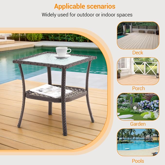 18'' Outdoor Side Table with Tempered Glass Top, Rattan Side Table with Storage, Square Wicker End Coffee Table for Patio Outside Balcony Porch Deck, Brown