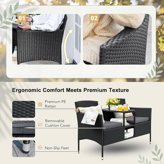 Devoko Outdoor Patio Loveseat Modern Rattan 2-Seat Patio Conversation Set with Cushions & Built-in Coffee Table Porch Furniture for Garden Lawn Backyard (Grey)