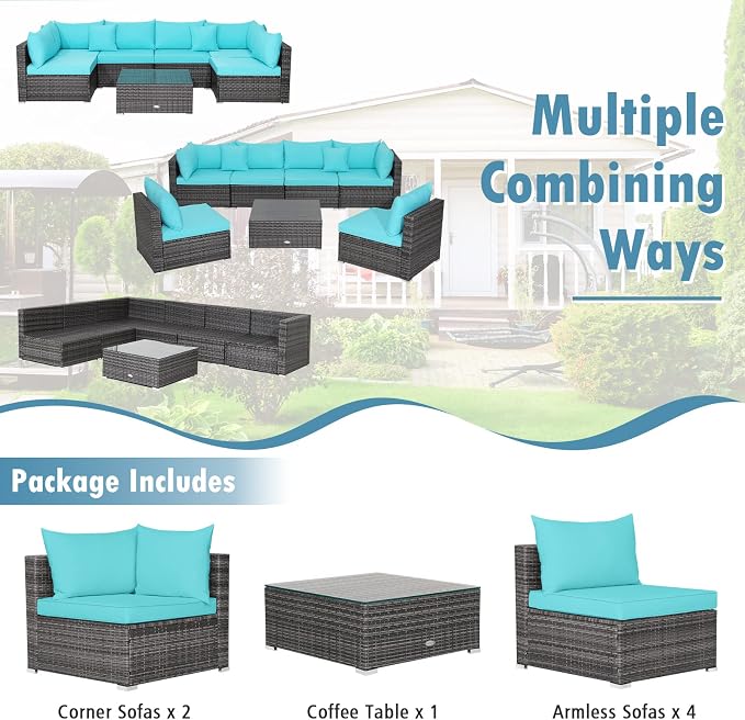 DORTALA 7 Pieces PE Rattan Patio Furniture Set, All-Weather Wicker Conversation Set W/Soft Cushions & Pillows, Coffee Table, Outdoor Sectional Sofa Set for Balcony, Poolside, Backyard, Turquoise