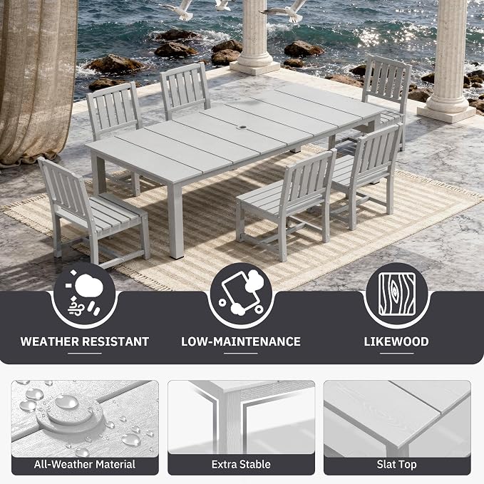 AreShark 5-Piece Outdoor Dining Set,HDPE Patio Table with 4 Armless Chairs,All-Weather Patio Furniture Set with Umbrella Hole,Low Maintenance Wood Grain Dining Set for Backyard,Garden,Poolside,White