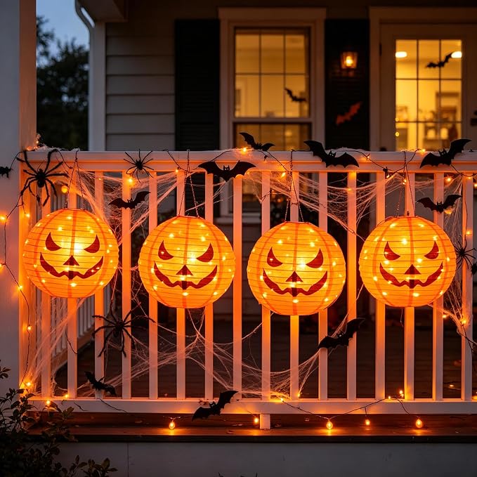 HUGSVIK 4Pcs Solar Pumpkin Lights Outdoor Hanging Halloween Decorations | 12-Inch Jack O Lantern, 160 LEDs & 8 Modes, Waterproof Outdoor Halloween Lights for Yard Porch Trick-or-Treat Party
