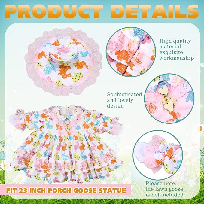 Soulchen 1 Set Easter Porch Goose Outfit 23 Inch Rabbit and Eggs Cement Goose Clothes Dress and Hat Costume Set for Easter Spring Holiday Garden Yard Decor