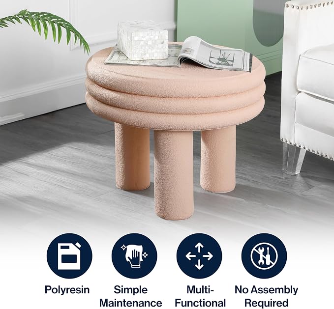 JONATHAN Y Rashida 18" Modern Round Polyresin Indoor Outdoor Accent Side Table, Weather Resistant Table with Chunky Ribbed Stacked Ring Design and Tripod Pillar Base, Pink Frosted TBL1106B