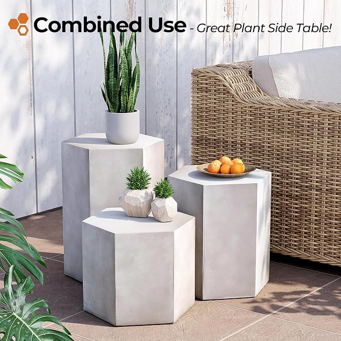 HOMPUS Concrete Side Table, Hexagon Outdoor Side Table, Modular Design Accent Table, Indoor Patio End Table, Light Grey Home Décor for Living Room, Bedroom or Backyard (14.5" L x 12.5" W x20 H)