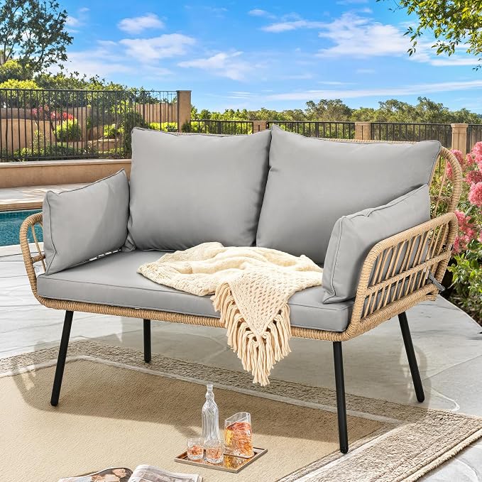 YITAHOME Patio Loveseat, All-Weather Wicker 2-Seat Sofa with Cushions & Lumbar Pillows, Outdoor Patio Furniture for Patio, Balcony, Backyard, Deck, Poolside - Grey