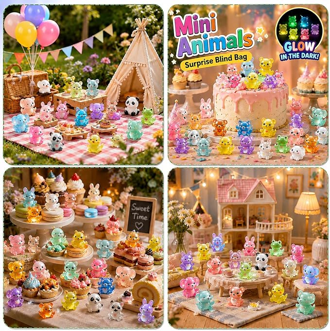 50 PCS Mystery Bag Mini Resin Animals, Glow in The Dark Tiny Animal Figurines Blind Bags Bulk, Cute Mini Resin Figures Surprise Box Toys for Kids, Classroom Prizes, Goodie Bag Stuffers, Party Favors