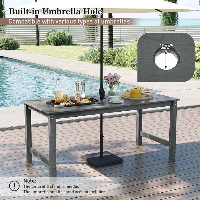 Tangkula 3 Pieces Outdoor HDPE Dining Table Set with 2 Benches, Weather Resistant Patio Furniture Set with 1.77” Umbrella Hole and Wood-Like Surface for Garden, Backyard and Poolside (Gray, 3 Pcs)