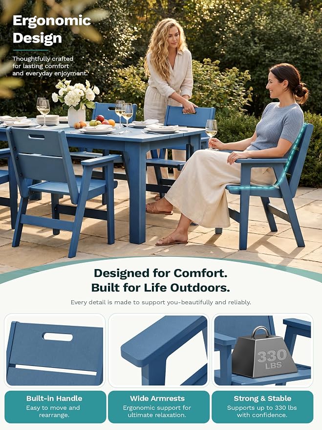 SERWALL 9 Piece HDPE Patio Dining Set, Outdoor Dining Table with 8 Chairs, All Weather Resistant Heavy Duty Outdoor Furniture with Umbrella Hole for Garden Backyard Deck, Blue