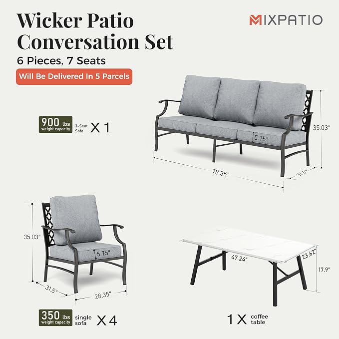 MIXPATIO Patio Furniture Set 6 pcs, Outdoor Patio Furniture, 1 X 3-Seat Sofa, 4 X Single Chairs, 1 X Coffee Table and 5.75" Extra Thick Cushion, Patio Conversation Set,Grey
