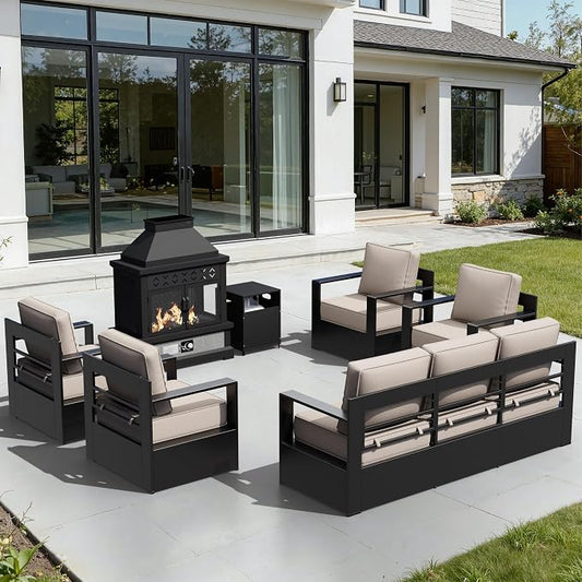 Outdoor Aluminum Furniture Set, 6-Piece Patio Conversation Set, 4 Chairs 1 Sofa and 1 Fireplace, All-Weather Metal Frame, 6" Thick Removable Cushions, Deep Setting for Garden, Poolside and Porch