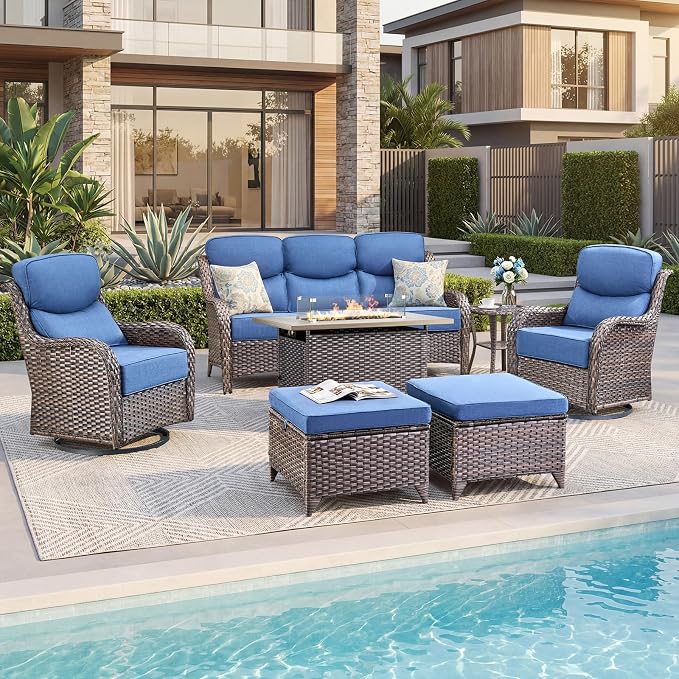 Luxury Patio Furniture Set with 6-inch Thick Cushion, Outdoor Furniture with Fire Pit Table, Swivel Chairs, Sofa, Side Table, Ottomans, 7pcs Wicker Conversation Set (Brown Wicker | Blue Cushion)