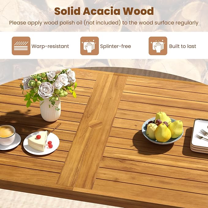 Tangkula 6 Pieces Patio Dining Table Set, 63” Rectangle Acacia Wood Table with Umbrella Hole and 4 Cushioned Armchairs and Backless Bench, Outdoor Dinette Furniture for Garden Yard Kitchen