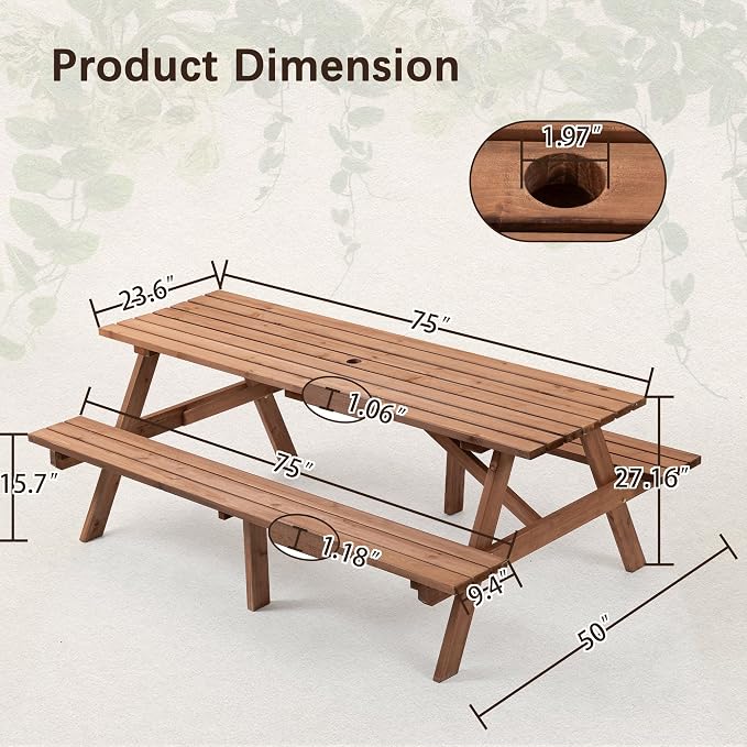 Hohuqeri Picnic Table Bench Set for 8 Persons, 6FT Large Camping Table, Wood Outdoor Dining Beer Table Set with 2” Umbrella Hole for Patio Lawn Garden (Brown)