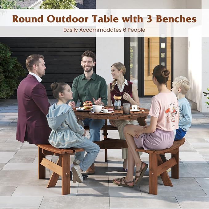 Tangkula 6-Person Wood Picnic Table, Outdoor Round Table and Bench Set with 3 Built-in Benches, Umbrella Hole, Perfect for Outside, Patio, Garden, Backyard, Porch (6-Person,Brown)