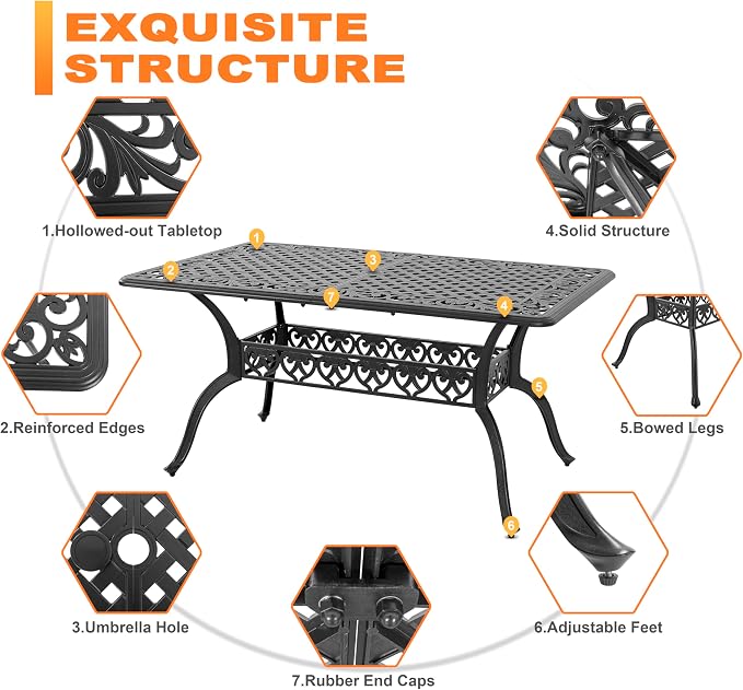 NUU GARDEN 7 Pieces Outdoor Patio Dining Sets, Cast Aluminum Rectangle Patio Table with Umbrella Hole and 6 Bistro Chairs, Armrest Dining Chairs and Bistro Table for Balcony, Backyard, Black