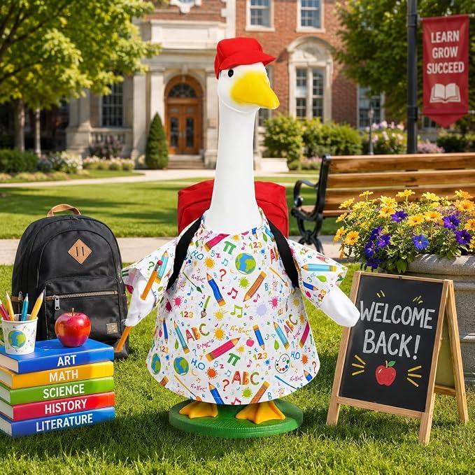 JcHrmers Back to School Porch Goose Outfits School Lawn Geese Clothes Fits 23" Cement Plastic Goose Statue for Classroom Outdoor Garden Yard Patio Decor