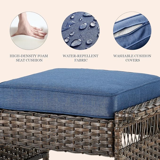 Patio Furniture Set 2 Wicker Swivel Glider Chairs 2 PE Rattan Ottomans with Patio Side Table Brown Wicker Blue Cushions Patio Conversation Set 5pcs for Garden Backyard