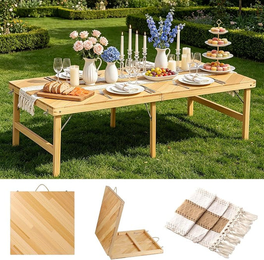 Folding Picnic Table, 5 Ft Solid Wood Low Floor Portable Picnic Table with Boho Table Runner for Indoor & Outdoor, Patio, Beach, Kids, Party, Garden, Camping, Wedding, Travel