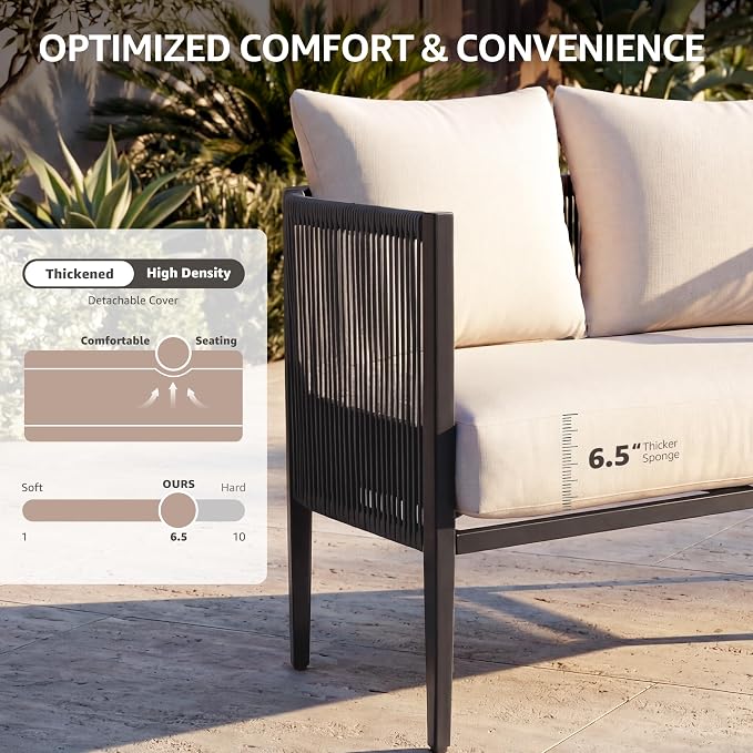 NATURAL EXPRESSIONS 4-Piece Outdoor Patio Furniture Set with Thick Olefin Cushions and Metal Table, Handwoven Rattan Conversation Set for Backyard, Balcony and Garden