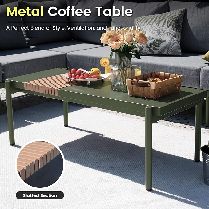 Sundale Outdoor Modern Metal Outdoor Coffee Table with Slatted Wood-Look Tabletop Design, Weather-Resistant Patio Side Table for Garden, Balcony, Poolside(Green)