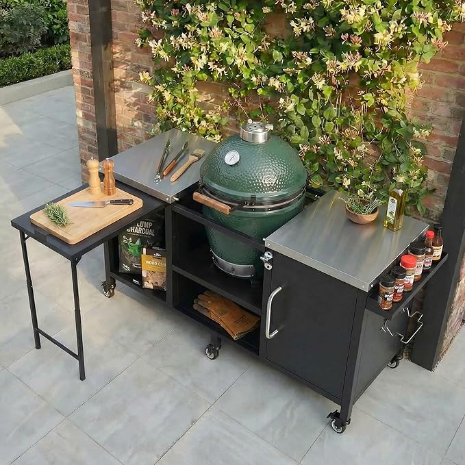 72.4" Large Grill Table for Large Big Green Egg,Metal Outdoor Grill Cart with Fold-out Prep Table,Adjustable Shelves,Spice Rack,Outdoor Kitchen Island for Big Green Egg,Kamado Joe Classic (Black#23)