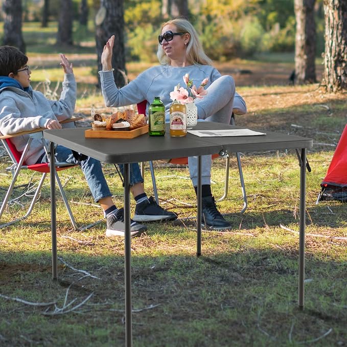 MEDIMALL Outdoor Folding Table, Fold-in-Half Utility HDPE Foldable Table with Metal Legs, Handle, Square Indoor Outdoor Collapsible Dining Table for Camping, Picnic, Party (Grey)