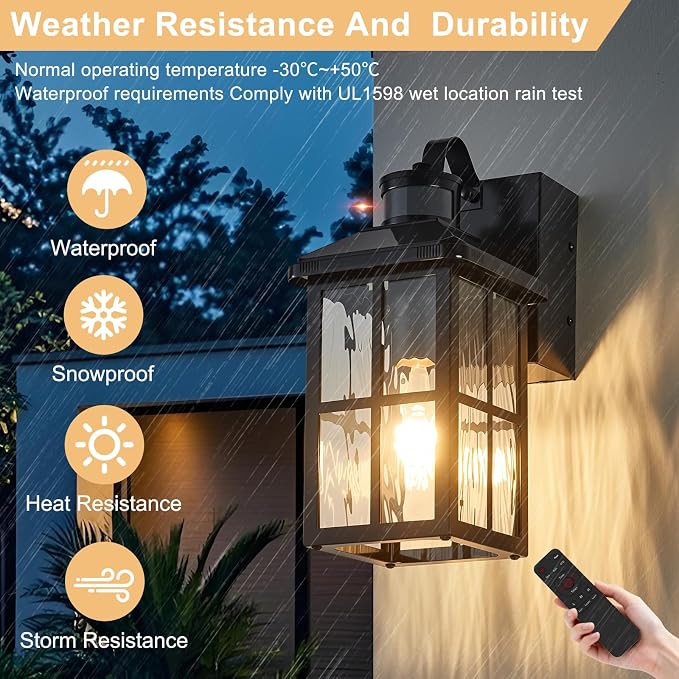 Porch Lights with GFCI Outlet with Remote | Dusk to Dawn Motion Sensor Outdoor Light, Upgraded 4 Lighting Modes Exterior Fixture Outside Lights for House Patio Garage