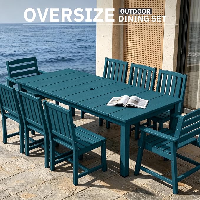 AreShark Outdoor Dining Table,All Weather Rectangular Patio Table for 6,Heavy-Duty HDPE Table with Umbrella Hole and Aluminum Frame,Weatherproof Outdoor Furniture for Backyard, Garden,Navy Blue
