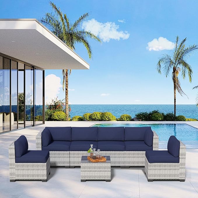 7 Piece Patio Furniture Set, Rattan Outdoor Patio Conversation Sets, Outdoor Sectional Furniture with Thickened Cushion and Coffee Table, for Deck, Backyard, Garden, Off-White & Dark Blue