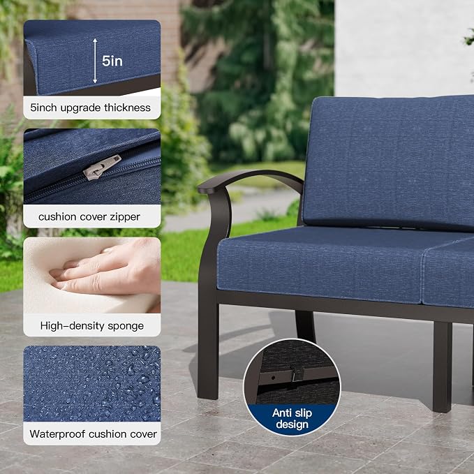 Kullavik Aluminum Patio Furniture Set,8 Piece Modern Metal Outdoor Patio Furniture w/5.1'' Thick Cushion,Swivel Chairs and 45" Propane Fire Pit Table,Patio Conversation Sets for Porch,Deck,NavyBlue