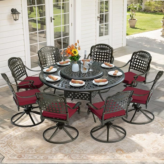 9-Piece Patio Furniture Dining Set, Cast Aluminum Outdoor Conversation Set- 61" Round Patio Dining Table with Detachable Lazy Susan & 8 Cushioned Swivel Rocker, Umbrella Hole, Chili Red