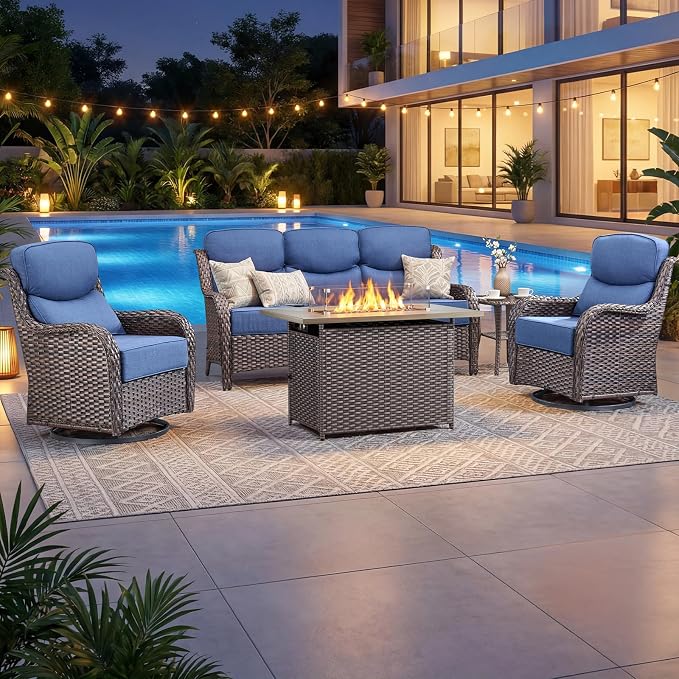 Luxury Patio Furniture Set with 6-inch Thick Cushion, Outdoor Furniture with Fire Pit Table, Swivel Chairs, Side Table, Sofa, 5pcs Wicker Conversation Set for Deck Yard(Brown Wicker/Blue Cushion)