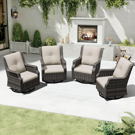 Outdoor Patio Furniture Set, 4 Piece Wicker Patio Furniture with Thick Cushions, Curved Armrest, Deep Seating, Outdoor Swivel Rocker Chairs for Porch, Deck, Balcony