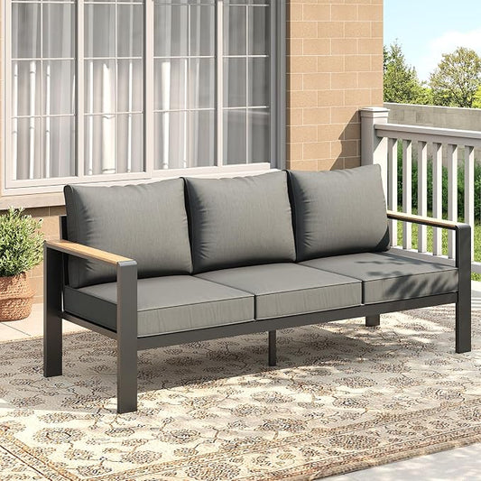 Garvee Aluminum Patio Furniture 1 Pcs 3-Seat Outdoor Furniture, All-Weather Metal Modern Outside Sofa with Washable Thick Cushion for Garden, Balcony, Deck, Backyard, Dark Grey