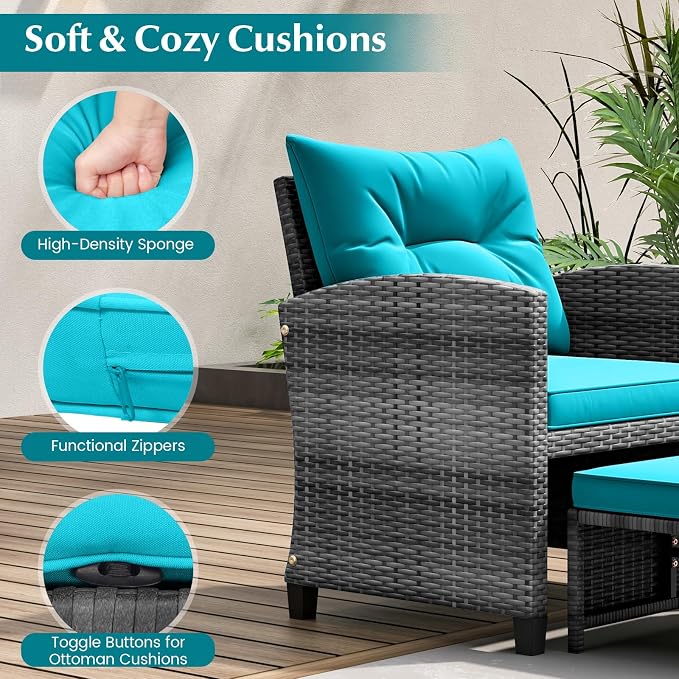 COSTWAY 5-Piece Rattan Conversation Set, Outdoor Wicker Sofa, Tempered Glass Coffee Table & Ottomans for Small Space, Boho Chic Indoor/Outdoor Furniture Set for Poolside, Backyard, Deck (Turquoise)