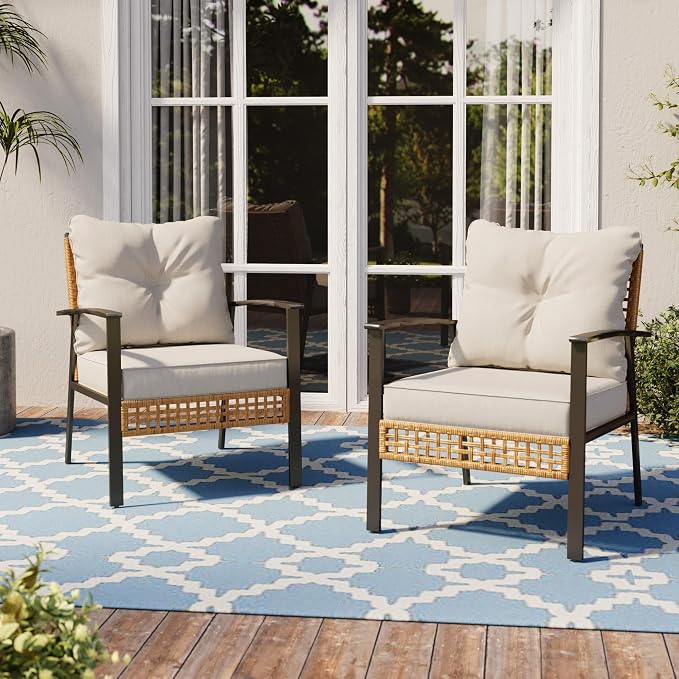 LAUSAINT HOME Outdoor Rattan Bistro Set, Patio Furniture Wicker Chairs Set of 4 with Deep Seating and Thick Cushions, Oversize Conversation Set for Garden, Balcony and Backyard (Beige)