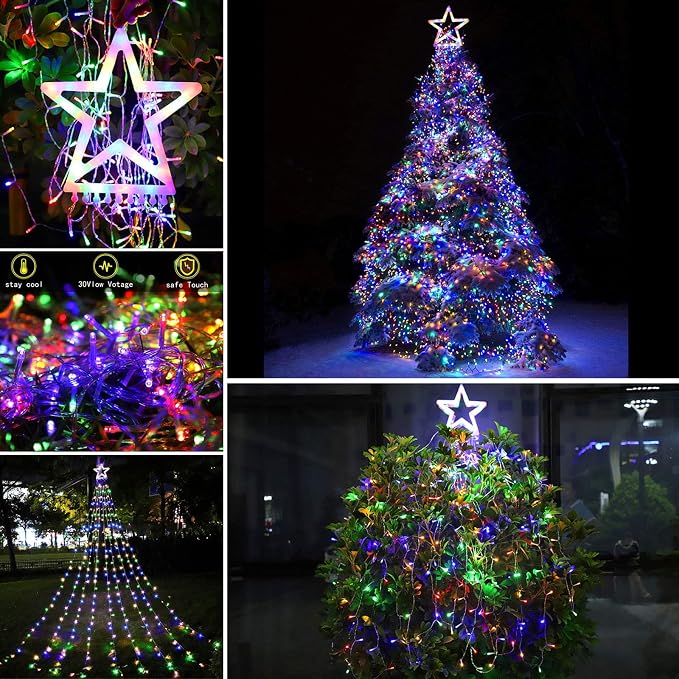 (New) Christmas Lights, Outdoor Christmas Decorations, 320 LED Waterfall String Lights, 8 Light Modes Chrsitmas Lights with 12" Star Tree Topper for Yard, Party, New Year (Multicolor)
