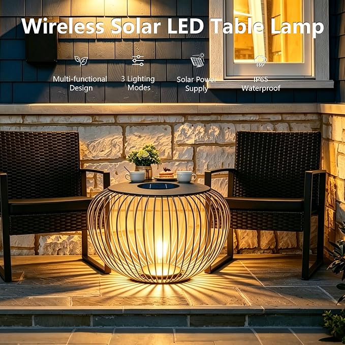 LED Outdoor Side Table, 26 Inch Large Hollow Metal Garden End Table, Top Solar Panel for Solar Charging, Bottom Glowing LED Light, Heavy Duty 2-in-1 Stool for Courtyard Backyard Villa
