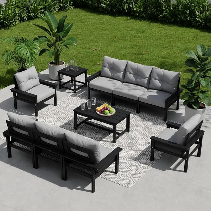 HDPE 10 Piece Outdoor Patio Furniture Set, All-Weather Outdoor Couch Set with Thick Cushions & Coffee Table, Patio Conversation Sets for Lawn, Garden, Porch, Balcony, Deck, Poolside, Black Grey