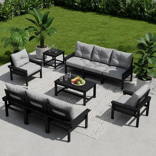 HDPE 10 Piece Outdoor Patio Furniture Set, All-Weather Outdoor Couch Set with Thick Cushions & Coffee Table, Patio Conversation Sets for Lawn, Garden, Porch, Balcony, Deck, Poolside, Black Grey