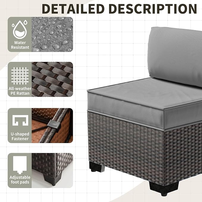 Gotland 9 Pieces Patio Furniture Set with 29.5'' High Backrest, All Weather PE Wicker Outdoor Furniture with 4’’ Thickened Cushions Coffee Table, Patio Set for Deck, Garden, Backyard, Grey
