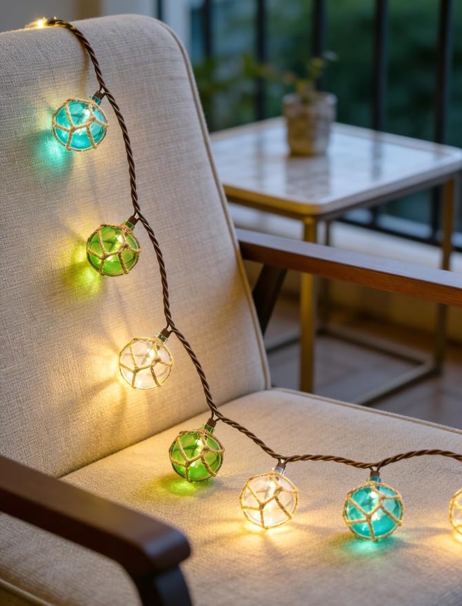 8.5Ft Nautical Fishing Float String Lights,Plug in Beach Themed Buoy Lights | Set of 10 LED Tiki Bar Lights Indoor Coastal Beach Theme Home Decor and Outdoor Patio Decorations-Blue/Green/White