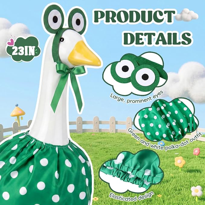 23" Porch Goose Outfit Frog Goose Dress Clothes with Crochet Frog Eyes Hood and Green Polka Dot Bubble Dress Costume for 23" Gooses Statue Decoration Patio Yard Garden Lawn Outdoor Decors