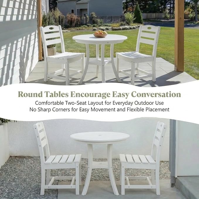 3-Piece Outdoor Round Table Set with Unberalla Hold, Patio Bistro Dining Set, Round Dining Table with 2 Slatted Chairs HDPE All Weather Balcony, Lawn, Poolside White